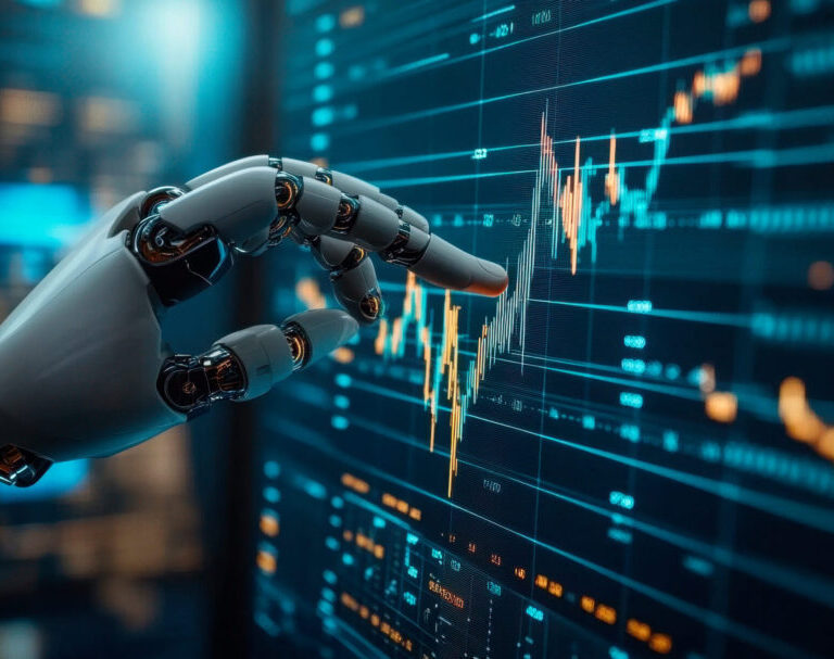 A human hand and robot arm reaching towards each other, with stock market charts in the background. The left side of an AI bot's finger is touching or pointing to data on screen. It should be depicted as futuristic and high-tech, with a blue color theme. --ar 16:9 --stylize 400 --v 6.1 Job ID: c30f94bb-dddf-4ea1-b73d-ac3807276054
