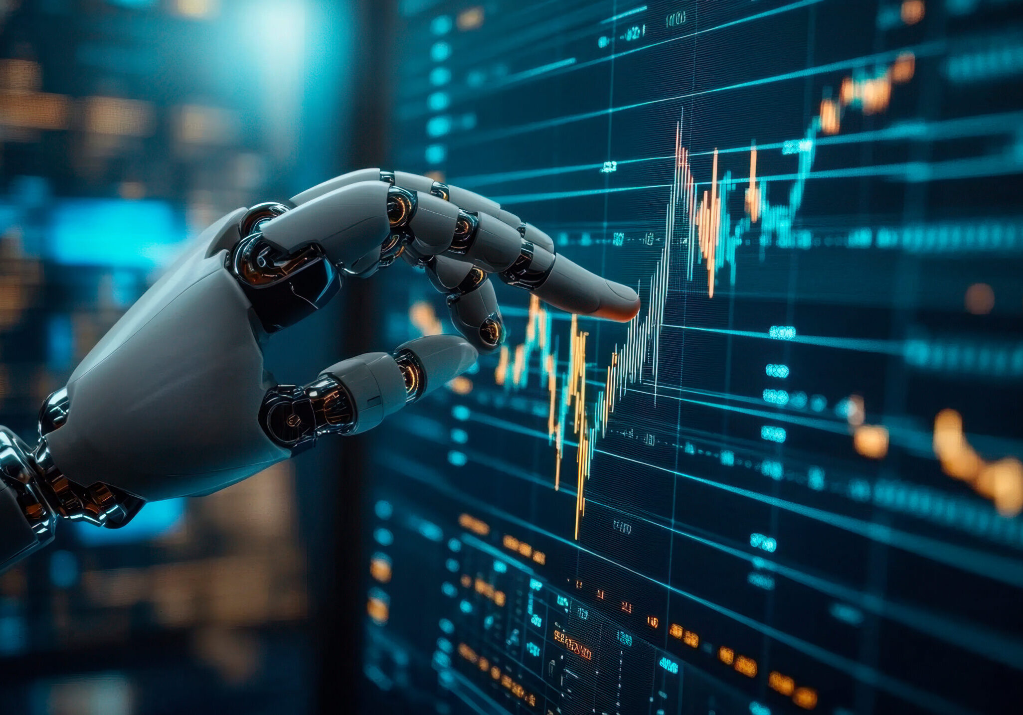 A human hand and robot arm reaching towards each other, with stock market charts in the background. The left side of an AI bot's finger is touching or pointing to data on screen. It should be depicted as futuristic and high-tech, with a blue color theme. --ar 16:9 --stylize 400 --v 6.1 Job ID: c30f94bb-dddf-4ea1-b73d-ac3807276054